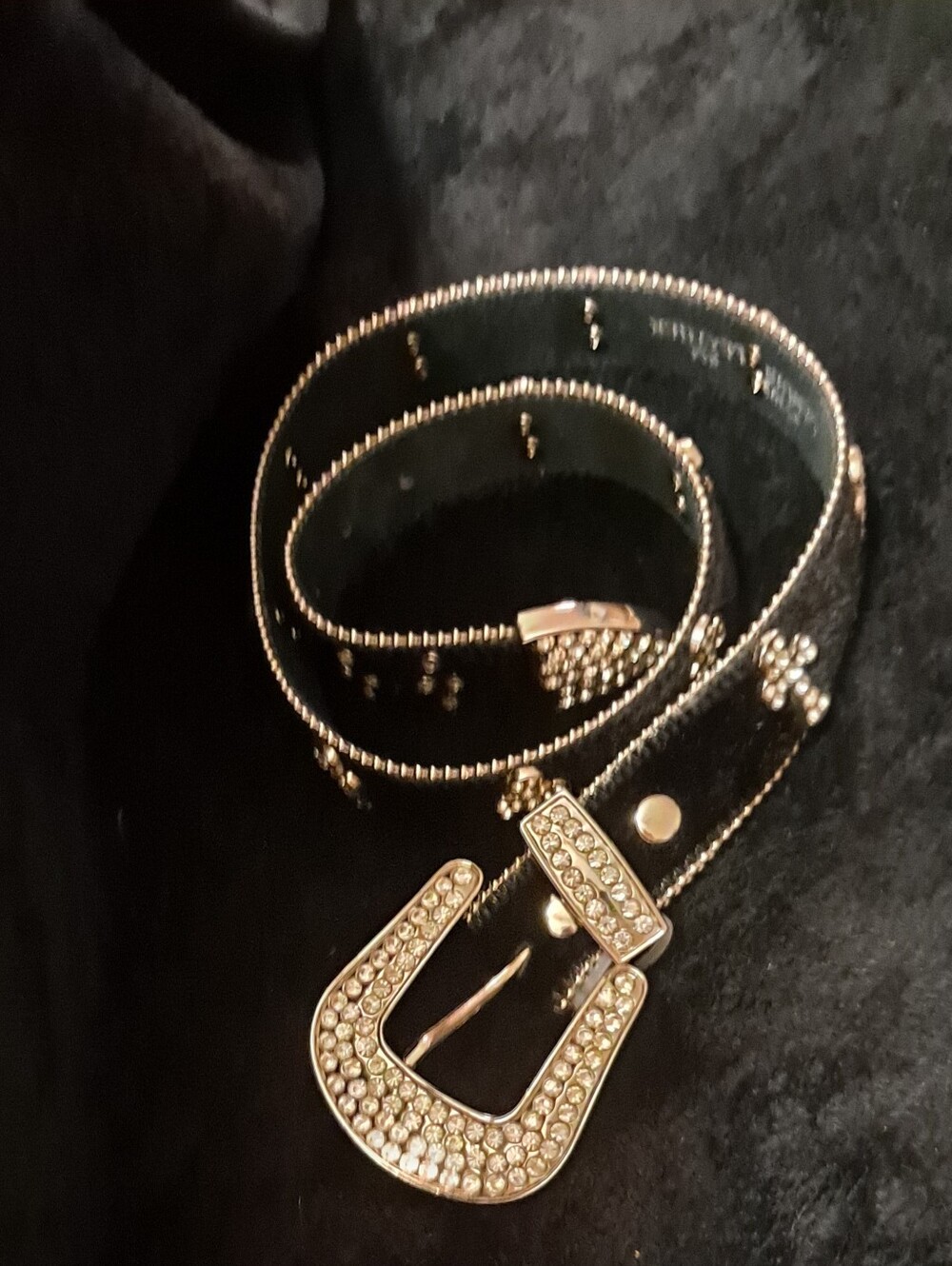 Black Leather Rhinestone Belt With Crosses Sz S/M